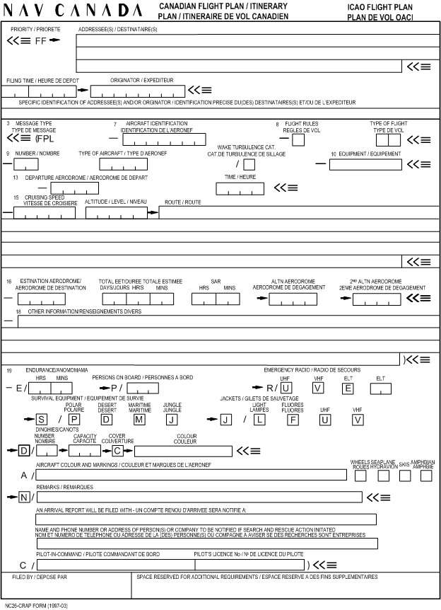 Flight Plan Form, Langley Flying School